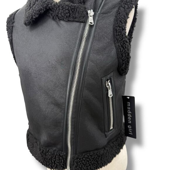 NWT Madden Girl Black Faux Shearling Suede Vest Medium Moto Zip Sleeveless - Picture 3 of 8